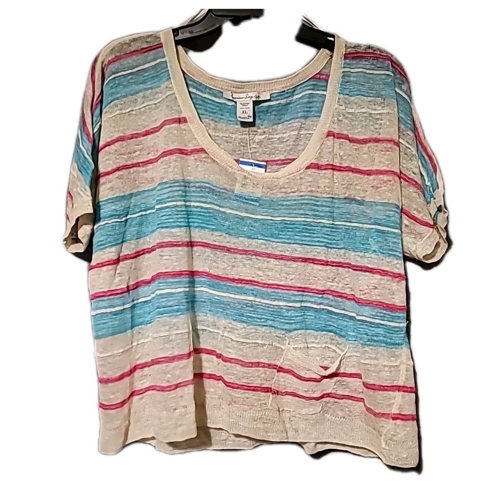 NWT American Rag Cie Women Linen Dolman Sleeve XL Striped Pocket Pink Blue